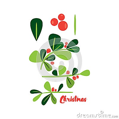 Holly berry Christmas simbol design elements collection. Flat vector illustrated decorative botanical brushes. Create your own de Vector Illustration