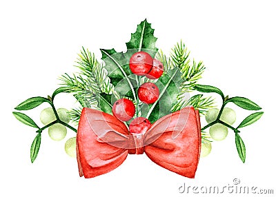 Holly Berry and Pine Brunches Border. Red Bow. Christmas Symbols. Cartoon Illustration