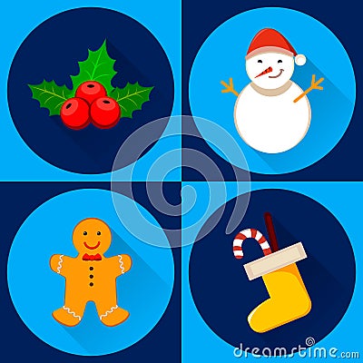 Holly berry, snowman, gingerbread man and Christmas sock Vector Illustration
