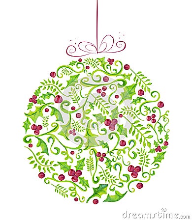 Holly Christmas watercolor bauble greeting card Vector Illustration