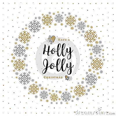 Holly Jolly Christmas card Minimalist style, Wreath, Snowflakes, White Background Vector Illustration