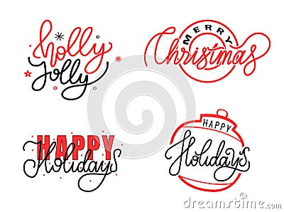Holly Jolly, Merry Christmas, Happy Holidays Text Vector Illustration