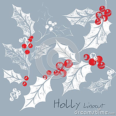 Holly leaves with red and white berries in rustic linocut scratchy style Stock Photo