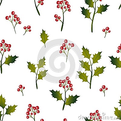 Seamless pattern. Christmas vibes. Holly branches with leaves and berries on a white background. Festive textile print. Vector Illustration