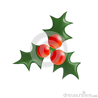 Holly Sprig. 3d icon of holly twig with three green leaves and red berries isolated on white. Xmas symbol. Cartoon Design Element Vector Illustration