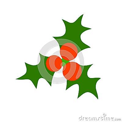 Holly Sprig. Holly twig with three green leaves and red berries isolated on white background. Xmas symbol. Cartoon Design Element Vector Illustration