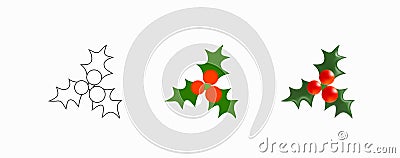 Holly Sprig. Holly twig with green leaves and red berries in three styles - contour, flat, 3D. Traditional Christmas Symbol. Vector Illustration