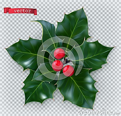 Holly traditional Christmas decoration. 3d realistic vector icon Vector Illustration