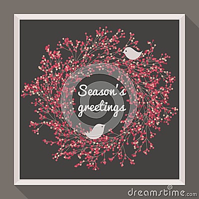 Holly wreath with two pretty birds Vector Illustration