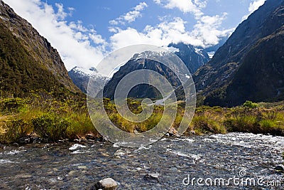 Hollyford River valley in Fjordland NP, NZ Stock Photo