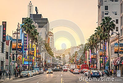 Hollywood Boulevard at sunset - Los Angeles - Walk of Fame Editorial Stock Photo