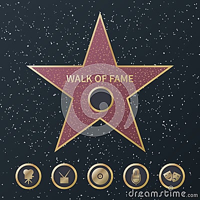 Hollywood fame star. Art and famous actor gold star symbol with five award movie categories icons. Celebrity boulevard Vector Illustration