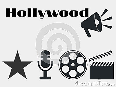 Hollywood film industry icons. movie clapper, microphone. Vector. Vector Illustration