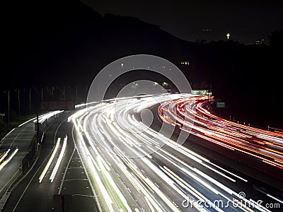 Hollywood Freeway Traffic Lights Night Shot Stock Photo