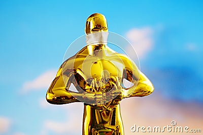 Hollywood Golden Oscar Academy award statue in medical mask. Success and victory concept. Oscar ceremony in coronavirus time Editorial Stock Photo