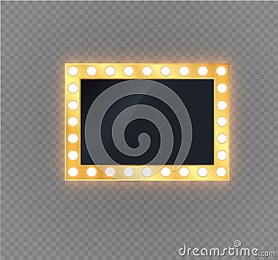 Hollywood lights. Illuminated realistic banner isolated on transparent background. Vector shine string bulbs. Las Vegas Vector Illustration