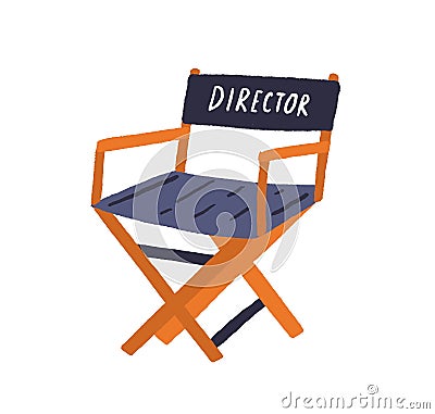 Hollywood movie director chair. Foldable seat for filmmaker. Empty folding armchair for filmmaking crew. Colored flat Vector Illustration