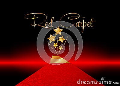 HOLLYWOOD Movie PARTY Gold STAR AWARD Statue Prize Giving Ceremony Red Carpet and Golden stars prize concept, Glittering style Vector Illustration