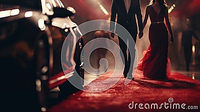 Hollywood movie premiere red carpet. Movie star paparazzi flash bulbs with limo grand entrance. Luxury for the rich and famous. Stock Photo