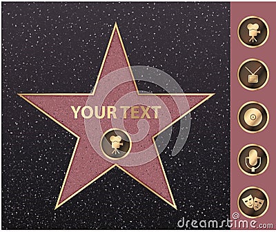 Hollywood star on celebrity fame of walk boulevard. Vector symbol star movie actor gold hollywood star camera sign Vector Illustration