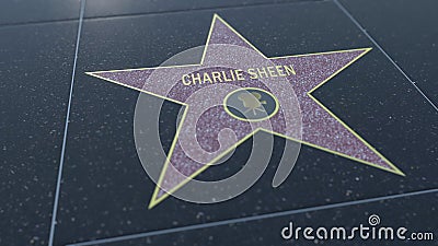 Hollywood Walk of Fame star with CHARLIE SHEEN inscription. Editorial 3D rendering Editorial Stock Photo