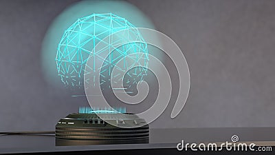 A holo projector projects a shimmering blue sphere Stock Photo