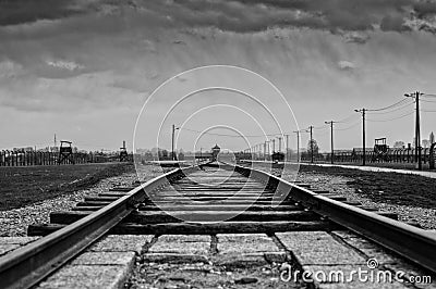 Holocaust Memorial Museum. Museum Auschwitz - Birkenau. Main entrance to the concentration camp. Editorial Stock Photo