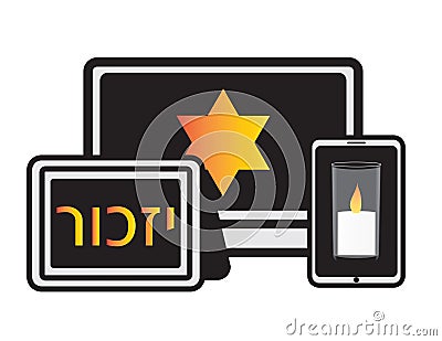 Holocaust Online Memorial Day Ceremony Banner, Yellow Jewish Star, Memorial Candle and Hebrew Word Izkor - Memorial - Vector Illustration