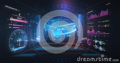 Hologram Auto in HUD UI style. Futuristic car service, scanning and auto data analysis. Virtual car dashboard concept Vector Illustration