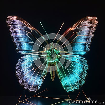 Hologram of a beautiful blue turquoise butterfly glows on a black background, close-up, Stock Photo