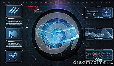 Hologram car style in HUD, UI, GUI. Hardware Diagnostics. Futuristic car service, scanning and auto data analysis. Car Vector Illustration