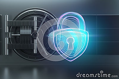 The hologram of the castle on the background of the doors of the bank vault. The concept of deposit protection, protection of Cartoon Illustration