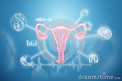 Hologram of the female organ of the uterus, diseases of the uterus and ovaries, menstrual pain. Medical examination, women`s Cartoon Illustration