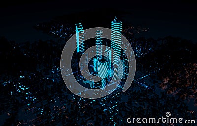 Hologram futuristic 3d city neon light Stock Photo