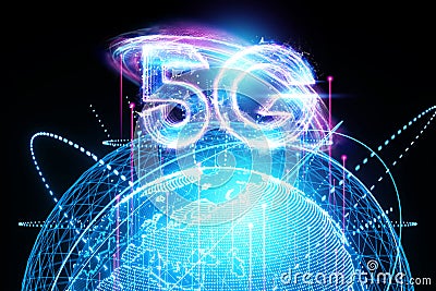 Hologram 5G creative mobile technology background. 5G network concept, high speed mobile internet, new generation networks. Mixed Cartoon Illustration