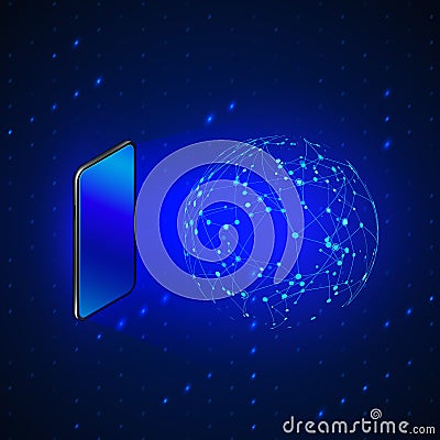 Hologram Global Networking by Mobile screen. Future technology 5g and 6g mobile internet. IOT or AI abstract concept. Vector Vector Illustration