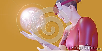 Hologram globe woman wearing vr glasses virtual reality navigation technology travel planning world map 3d illustration Cartoon Illustration