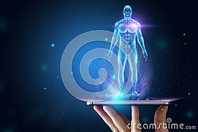 Hologram human body healthcare future. Modern medical science in the future. Mixed medium, copy space Stock Photo