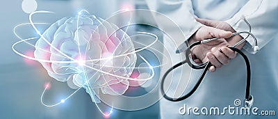 Hologram of human brain and doctor with stethoscope Stock Photo