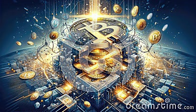 Hologram image of Bitcoin block reward reduce 50% after halving, bitcoin mining concept, node, blockchain technology, digital Stock Photo