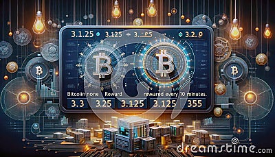 Hologram image of Bitcoin block reward reduce 50% after halving, bitcoin mining concept, node, blockchain technology, digital Stock Photo
