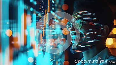 A hologram image of a smiling wealth advisor projecting a virtual graph displaying a clients personalized investment Stock Photo
