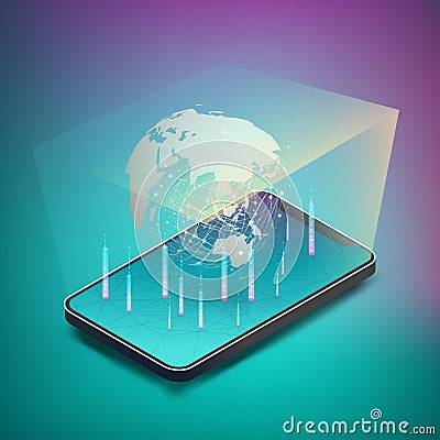 Hologram present world map, from smartphone. Stock Photo