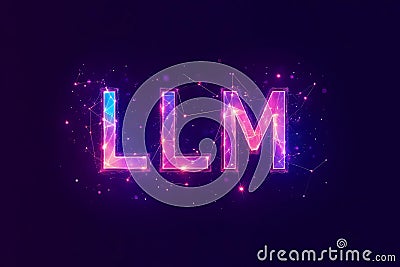 Hologram text LLM with polygonal and hexagonal lines in dark purple background. Ai concepts Stock Photo