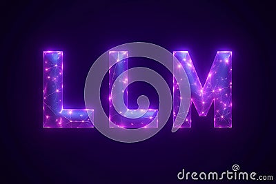 Hologram text LLM with polygonal and hexagonal lines in dark purple background. Ai concepts Stock Photo