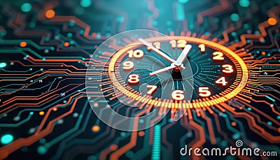 Hologram time clock displays time on tech circuit board. Digital clock shows time. Futuristic tech concept. Time management, Stock Photo