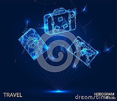 A hologram of travel. Travel from polygons, triangles, points, and lines. Vacation the low-poly joint structure. Stock Photo