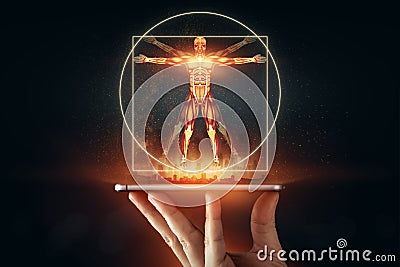 Hologram Vitruvian man, the structure of human muscles, biology of the muscular system. Human anotomy concept Stock Photo