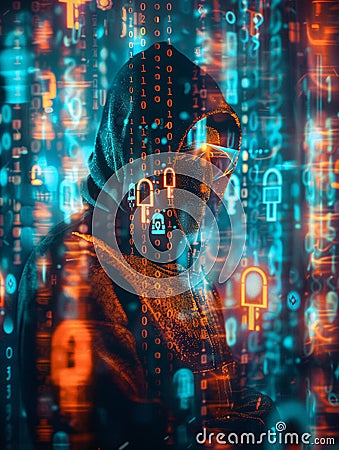 Holograms of quantum keys and locks dance around a hacker, thwarted by advanced encryption algorithms Cartoon Illustration