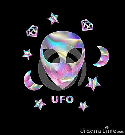 Holographic alien t-shirt design. Vector illustration. Vector Illustration